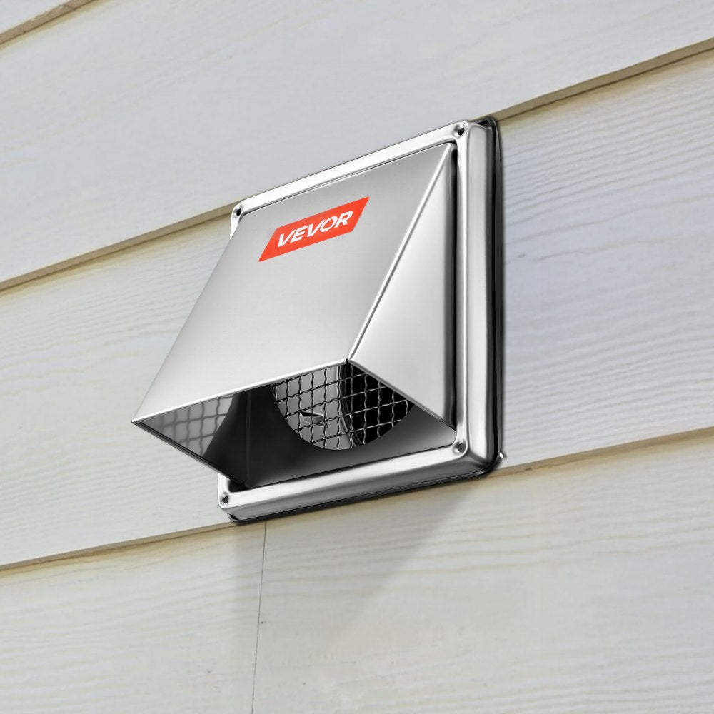 VEVOR 4 inch External Extractor Wall Vent Cover, Square AC Vent Gable Cover, Premium Stainless Steel & with Built-in a Protection Screen, for House,Bathroom,Garage,Kitchen,Basement (1 Pack, Silver)