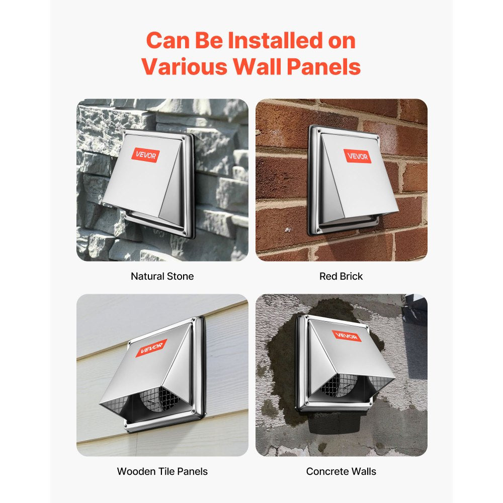 VEVOR 6 inch External Extractor Wall Vent Cover, Square AC Vent Gable Cover, Premium Stainless Steel & with Built-in a Protection Screen, for House,Bathroom,Garage,Kitchen,Basement (1 Pack, Silver)