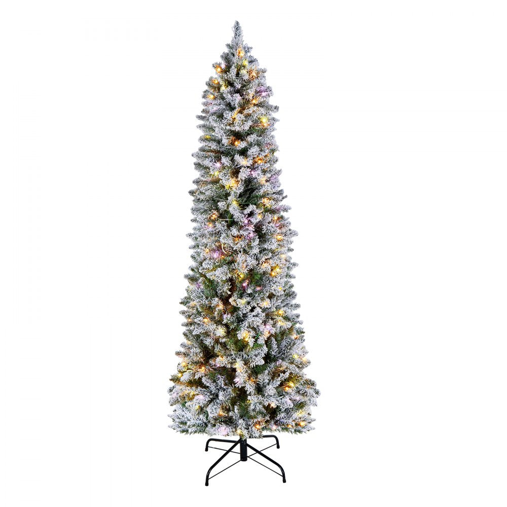 VEVOR Christmas Tree, 6ft Prelit Flocked Artificial Tree, Full Holiday Xmas Deco Trees with 240 Colorful LED Lights, 11 Lighting Modes & 635 Branch Tips for Home Party Office Decoration