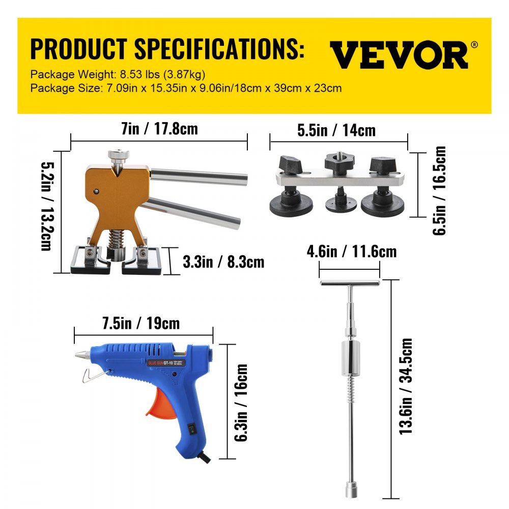 VEVOR Dent Removal Tool, 89 Pcs Paintless Dent Repair Tools, Led Baffle Board Car Dent Repair Kit, Glue Puller Tabs Dent Puller Kit for Auto Dent Removal, Minor Dents, Door Dings and Hail Damage