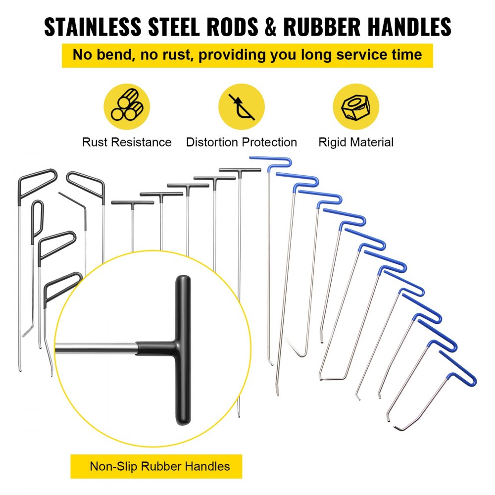 VEVOR Rods Dent Removal Kit, 21 Pcs Paintless Dent Repair Rods, Stainless Steel Dent Rods, Whale Tail Dent Repair Tools, Professional Hail Dent Removal Tool For Minor Dents, Door Dings And Hail Damage