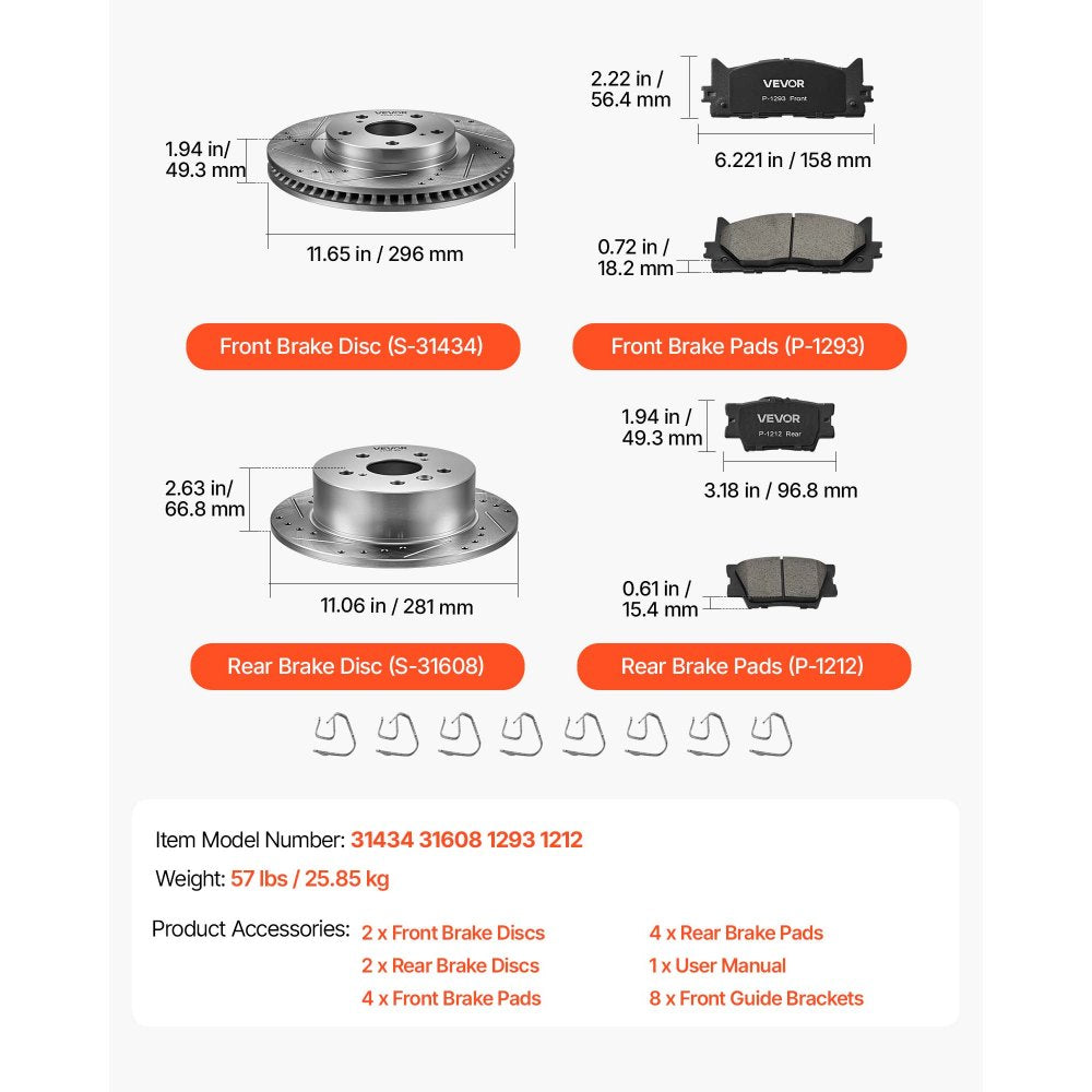 VEVOR Front & Rear Brake Kit Ceramic Brake Pads and Drilled Slotted Rotors, Compatible with 2012-2017 Toyota Camry, 2013-2018 Toyota Avalon, 2013-2018 Lexus ES 350, 2013-2018 Lexus ES 300h