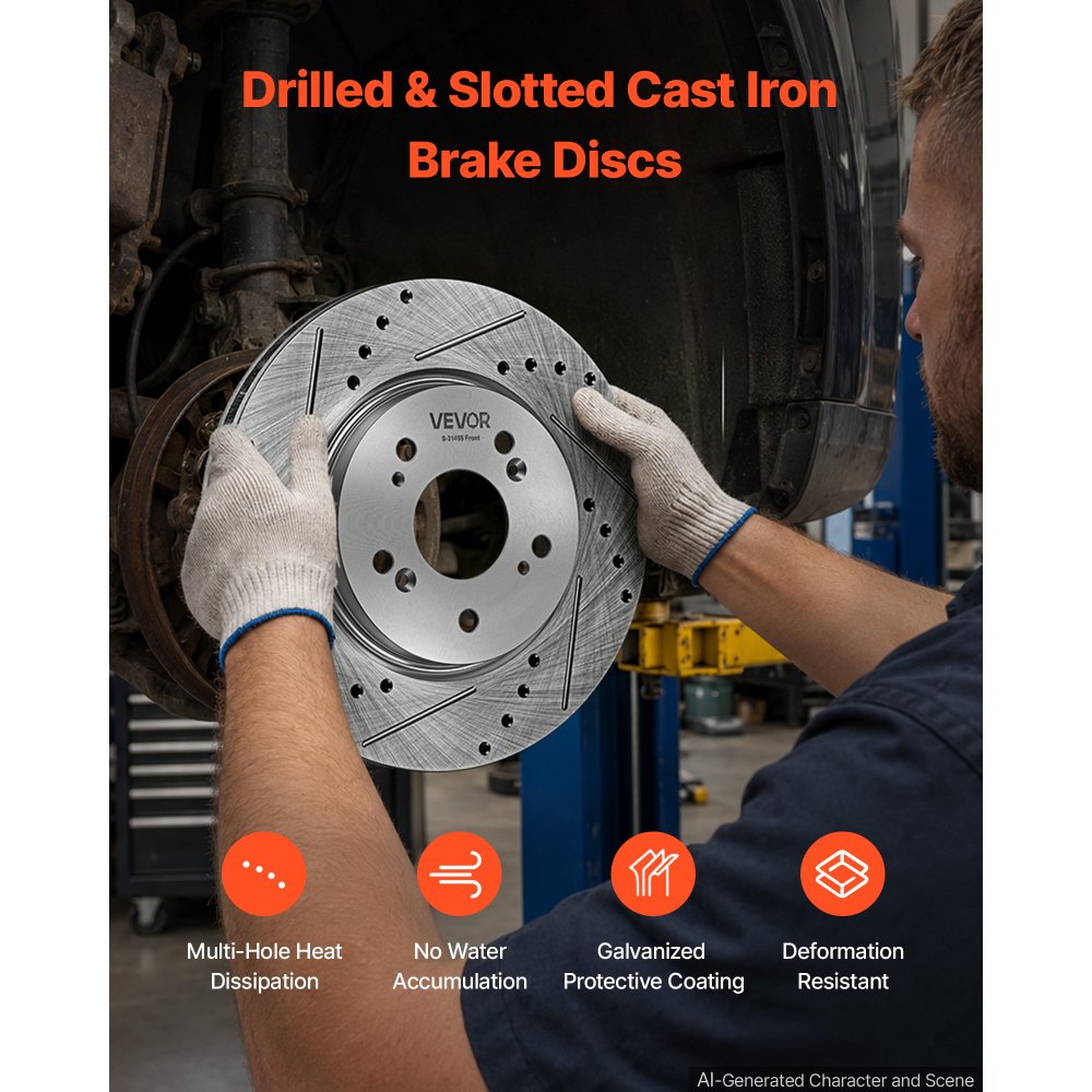 VEVOR Front & Rear Brake Kit Compatible with 2012-2016 Honda CR-V (AWD), Cast Iron Drilled and Slotted Brake Rotors, Ceramic Brake Pads Replacement Kit, 11.65" Front Rotors and 12" Rear Rotors