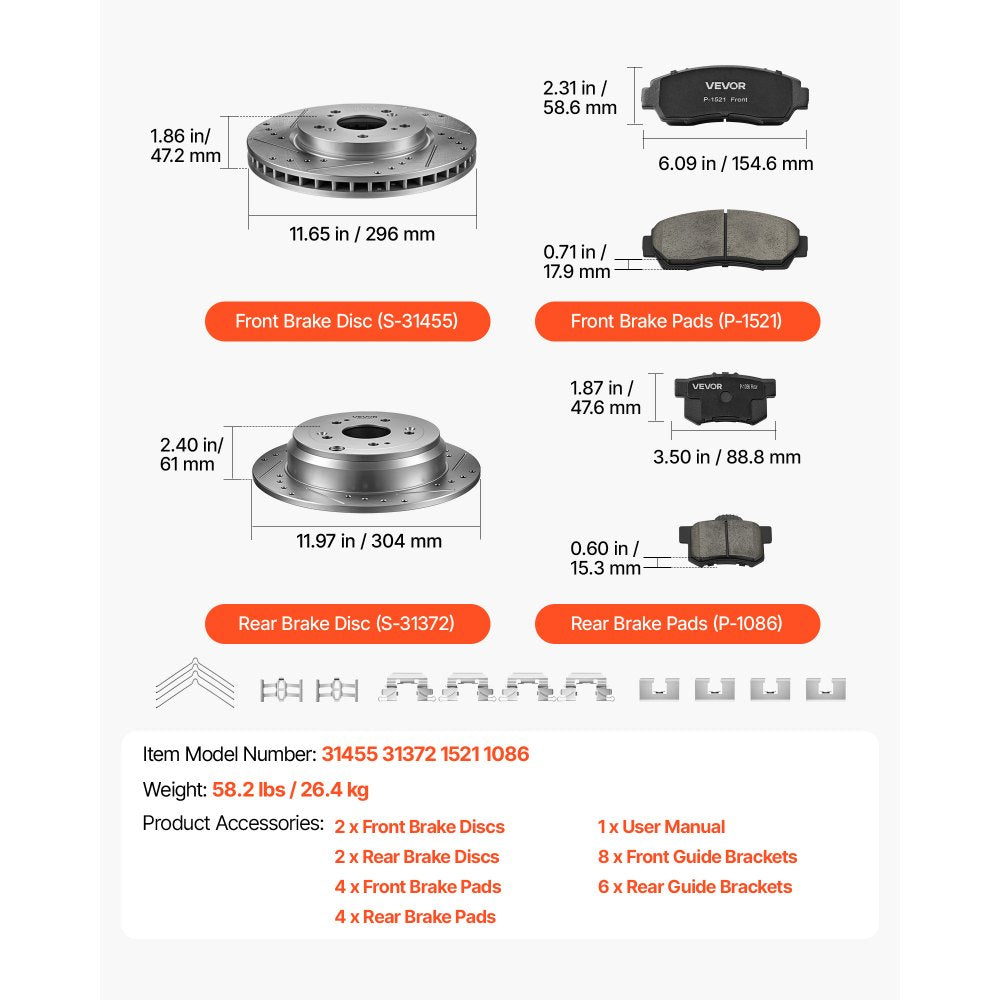 VEVOR Front & Rear Brake Kit Compatible with 2012-2016 Honda CR-V (AWD), Cast Iron Drilled and Slotted Brake Rotors, Ceramic Brake Pads Replacement Kit, 11.65" Front Rotors and 12" Rear Rotors
