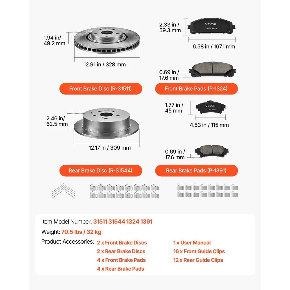 VEVOR Front & Rear Brake Kit Ceramic Brake Pads & Hollow Brake Rotors Kit, Compatible with 2010-2015 Lexus RX350, 2010-2015 Lexus RX450H, 2015-2019 Toyota Highlander, 2011-2020 Toyota Sienna