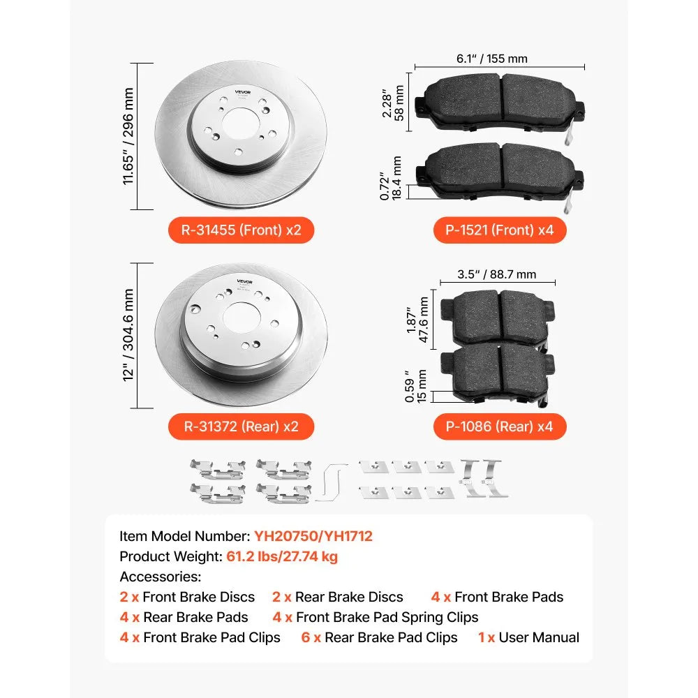 VEVOR Front & Rear Brake Kit Compatible with 2012-2016 Honda CR-V (AWD Models), Ceramic Brake Replacement Kits, 12 inch Hollow Structure Front Rotors, 12 inch Solid Structure Rear Rotors, R-31455