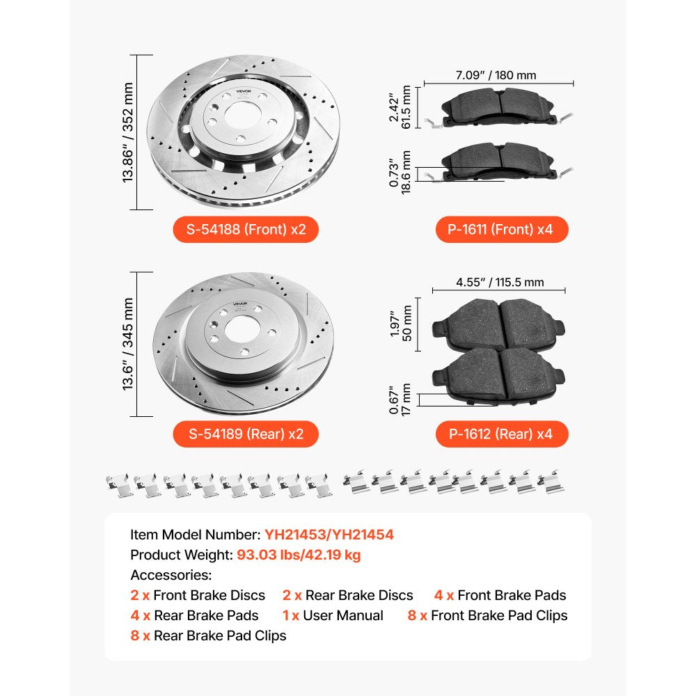 Brake kit dimensions and included accessories overview