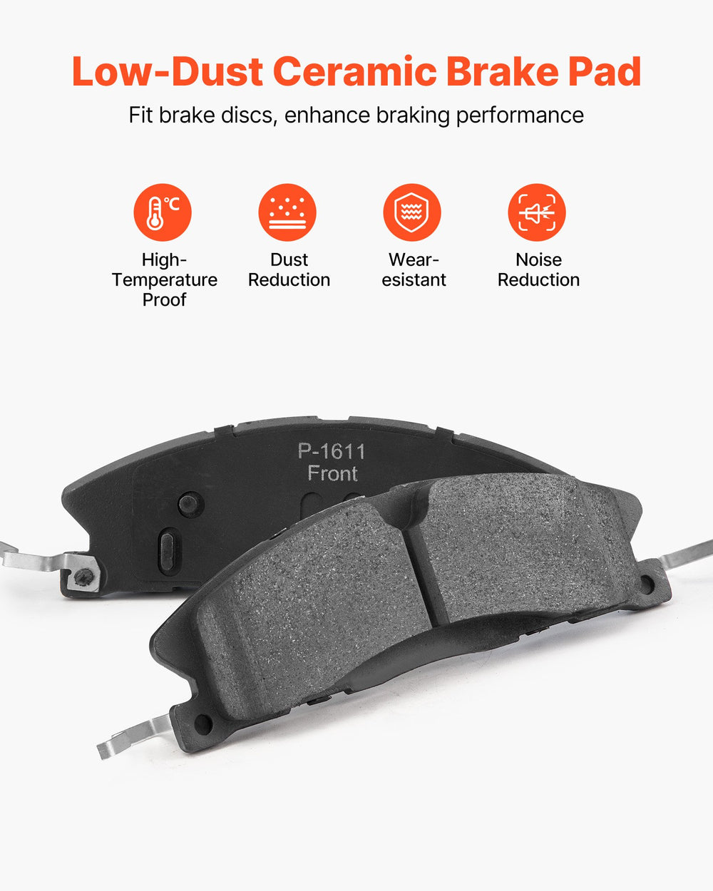 Low-dust ceramic brake pad feature graphic