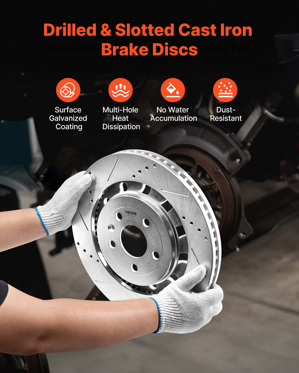 Drilled and slotted cast iron brake disc feature graphic