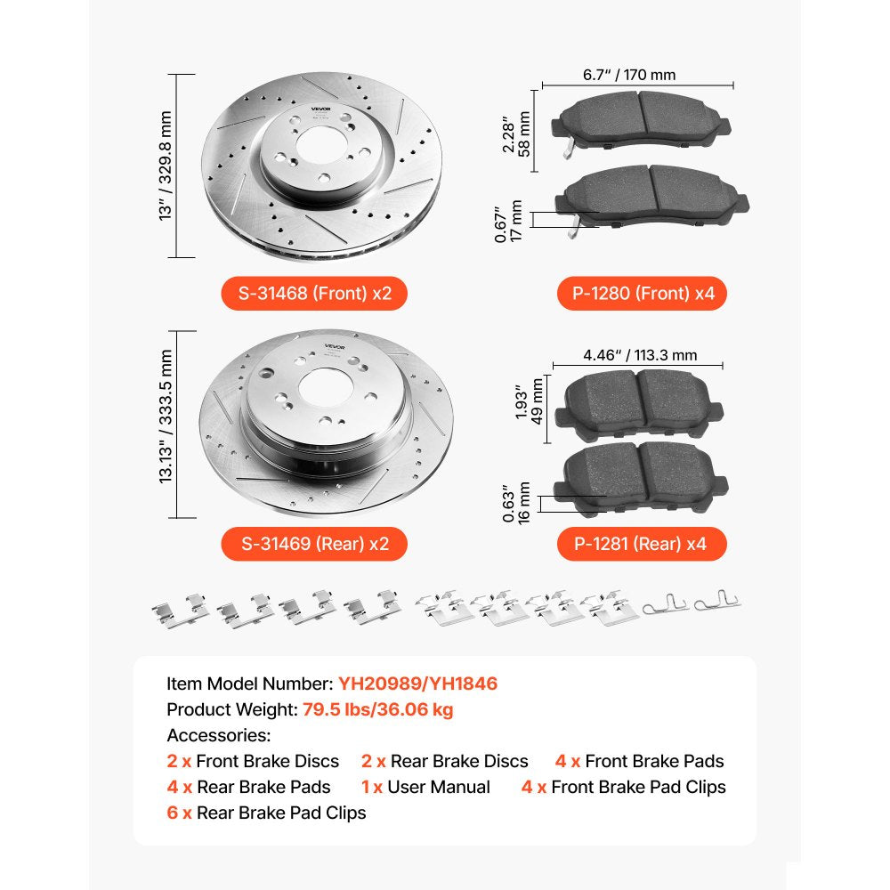 VEVOR Front and Rear Brake Kit Compatible with 2007-2013 Acura MDX, 2010-2013 Acura ZDX, 2009-2014 Honda Pilot, Drilled and Slotted Brake Rotors Ceramic Brake Pads Replacement Kit, 13 in (Front)