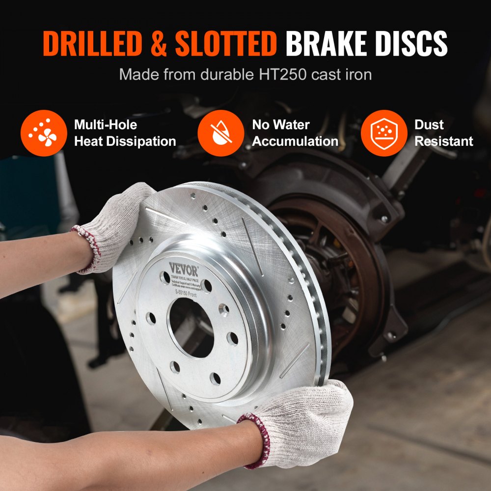 VEVOR Front Brake Kit Compatible with 2007-2017 Chevy Traverse, Buick Enclave, GMC Acadia, Saturn Outlook, Drilled and Slotted Brake Rotors Ceramic Brake Pads Replacement Kit, 12.8" Front Rotors