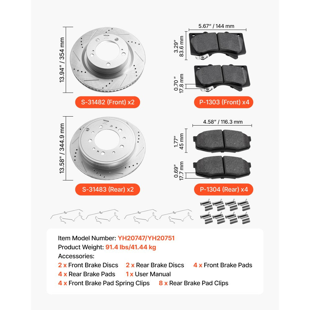 VEVOR Front & Rear Ceramic Brake Kit Compatible with 2016-2021 Lexus LX570, 2016-2021 Toyota Land Cruiser, Drilled and Slotted Brake Rotors Ceramic Brake Pads Replacement Kit, 14 inch Front Rotors