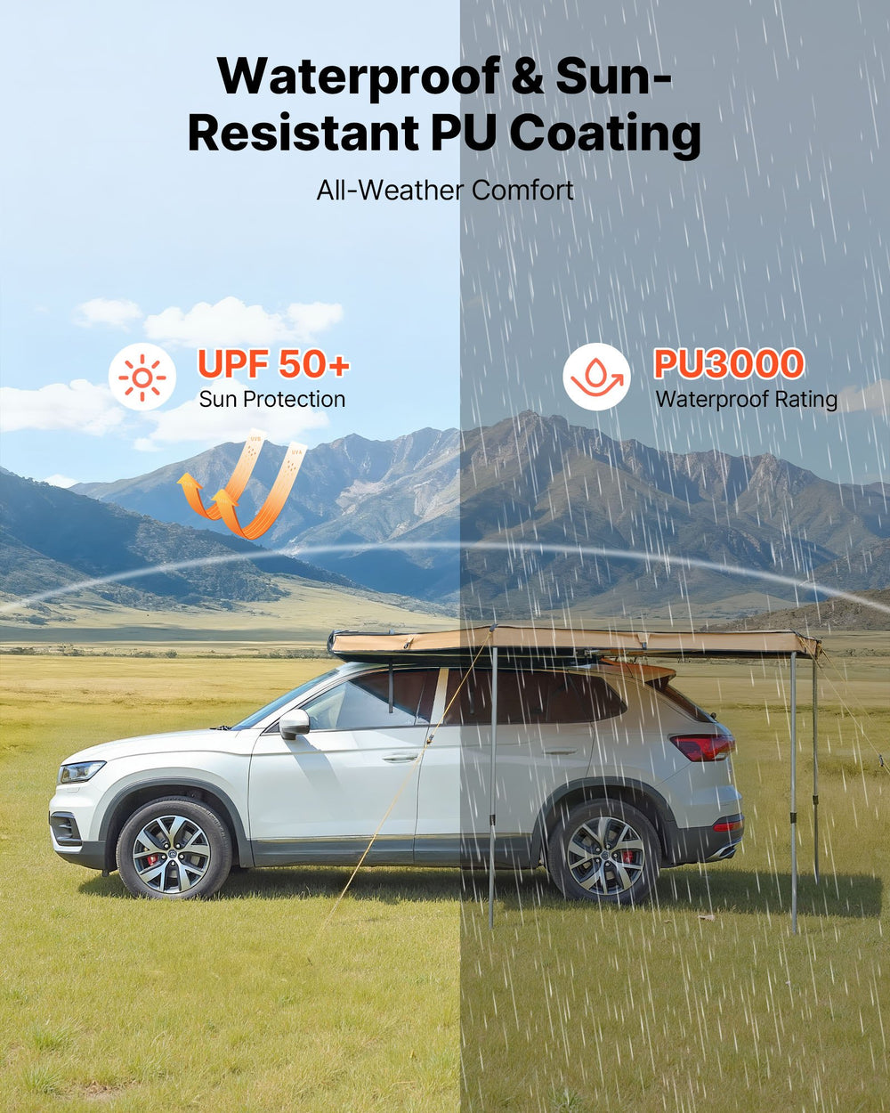 VEVOR 270 Degree Awning, 52 sq.ft Driver Side Vehicle Awning, Waterproof UV50+ Car Side Awnings with Carry Bag, All-Weather Free-Standing Overland Awnings Car Shelter for SUV Van Truck Camping