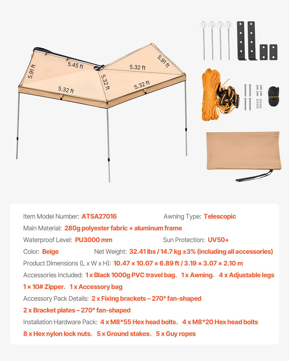 VEVOR 270 Degree Awning, 52 sq.ft Driver Side Vehicle Awning, Waterproof UV50+ Car Side Awnings with Carry Bag, All-Weather Free-Standing Overland Awnings Car Shelter for SUV Van Truck Camping