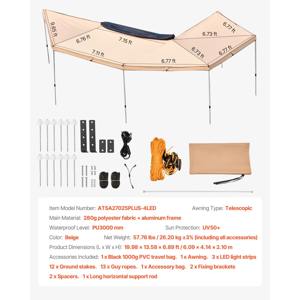 VEVOR 270 Degree Awning with Bulit-in LED Lights, 133 sq.ft Driver Side Vehicle Awning, Waterproof UV50+ Car Side Awnings, All-Weather Free-Standing Overland Awnings Car Shelter for SUV Truck Camping
