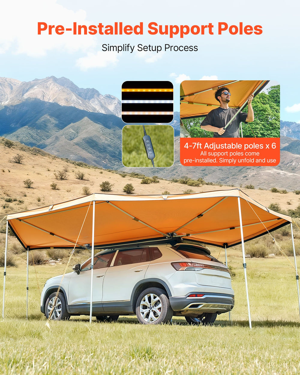 VEVOR 270 Degree Awning with Bulit-in LED Lights, 133 sq.ft Driver Side Vehicle Awning, Waterproof UV50+ Car Side Awnings, All-Weather Free-Standing Overland Awnings Car Shelter for SUV Truck Camping