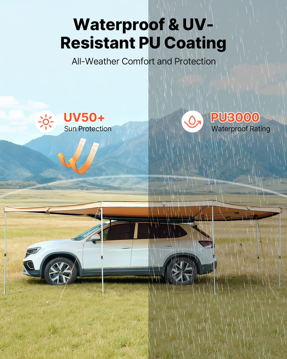 VEVOR 270 Degree Awning with Bulit-in LED Lights, 133 sq.ft Driver Side Vehicle Awning, Waterproof UV50+ Car Side Awnings, All-Weather Free-Standing Overland Awnings Car Shelter for SUV Truck Camping