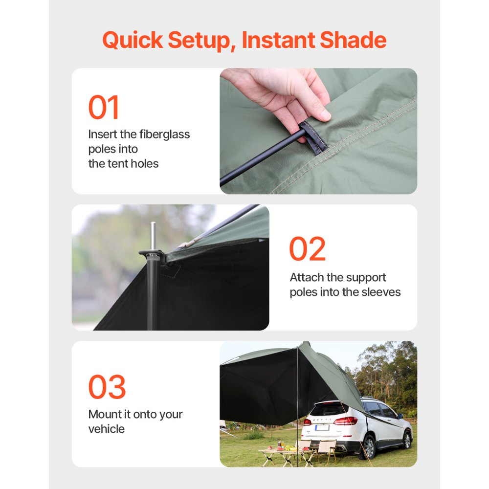 VEVOR Vehicle Awning, Large 10' x 7' Shade Coverage Car Side Awning, PU2000mm UV50+ Car Awning with Extended Side Canopies and Portable Storage Bag, Suitable for Truck, SUV, Van, Campers