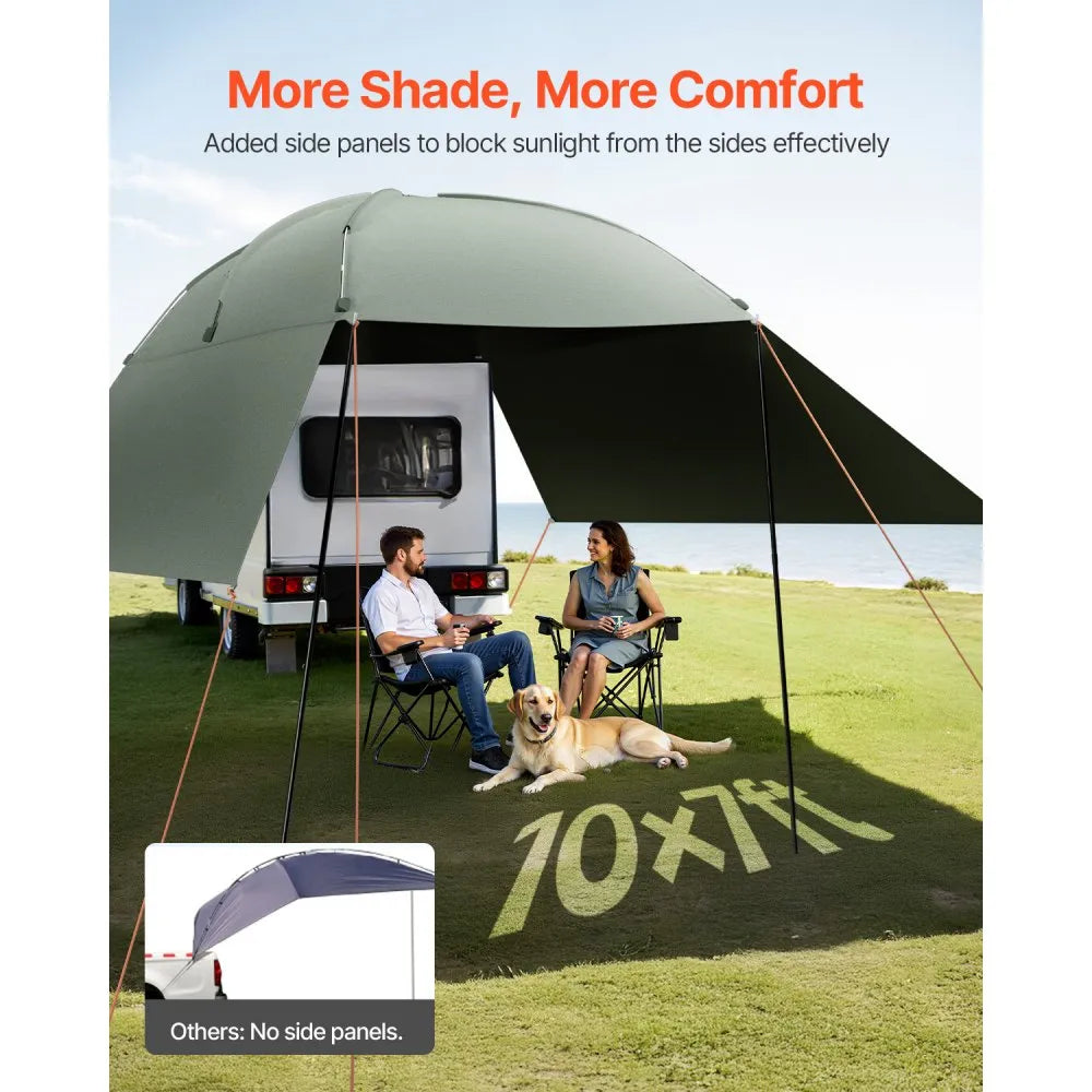 VEVOR Vehicle Awning, Large 10' x 7' Shade Coverage Car Side Awning, PU2000mm UV50+ Car Awning with Extended Side Canopies and Portable Storage Bag, Suitable for Truck, SUV, Van, Campers