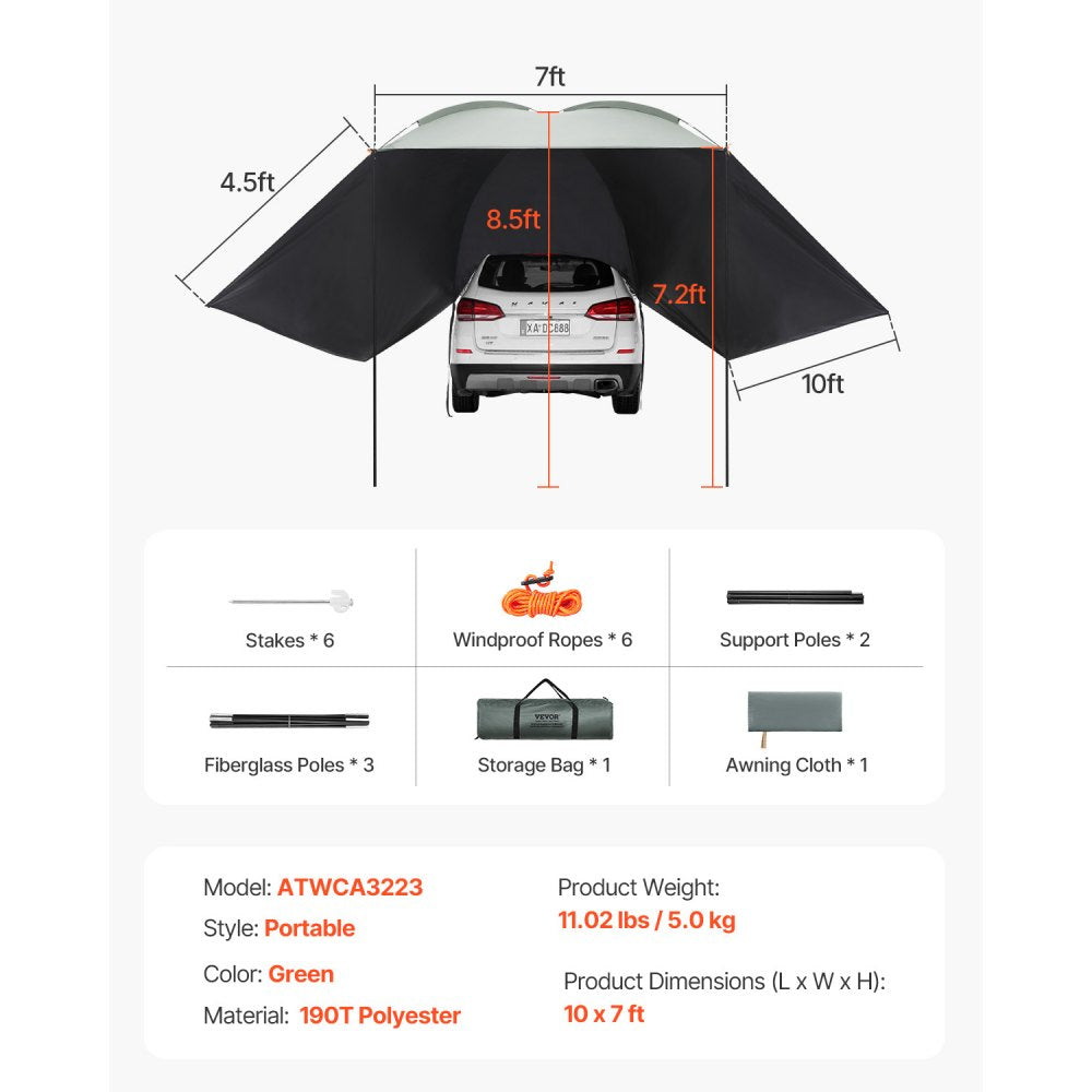 VEVOR Vehicle Awning, Large 10' x 7' Shade Coverage Car Side Awning, PU2000mm UV50+ Car Awning with Extended Side Canopies and Portable Storage Bag, Suitable for Truck, SUV, Van, Campers