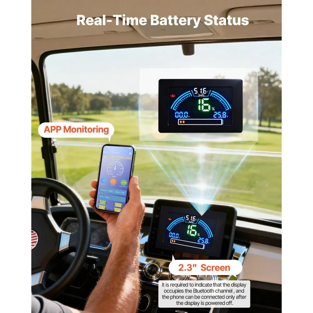 VEVOR 48V (51.2V) 52AH Lithium Golf Cart Battery, with 15A Charger, Lifepo4 Battery Kit, Built-in 100A BMS, with Bluetooth Mobile APP & Display Monitor, 4000 Cycles, for Golf Carts, Trolling Motors