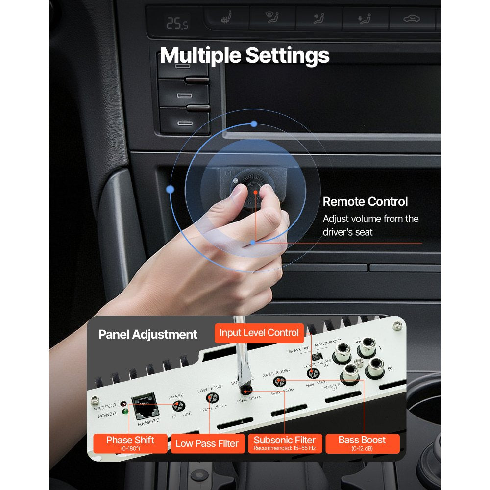 VEVOR Monoblock Car Amplifier, 1200W RMS MAX, 1/2/4 Ohm Stable, 1-Channel Class D Car Audio Amplifier with Remote Subwoofer Level Control, Low Pass Filter, Bass Boost & Phase Shift, Volume Controller