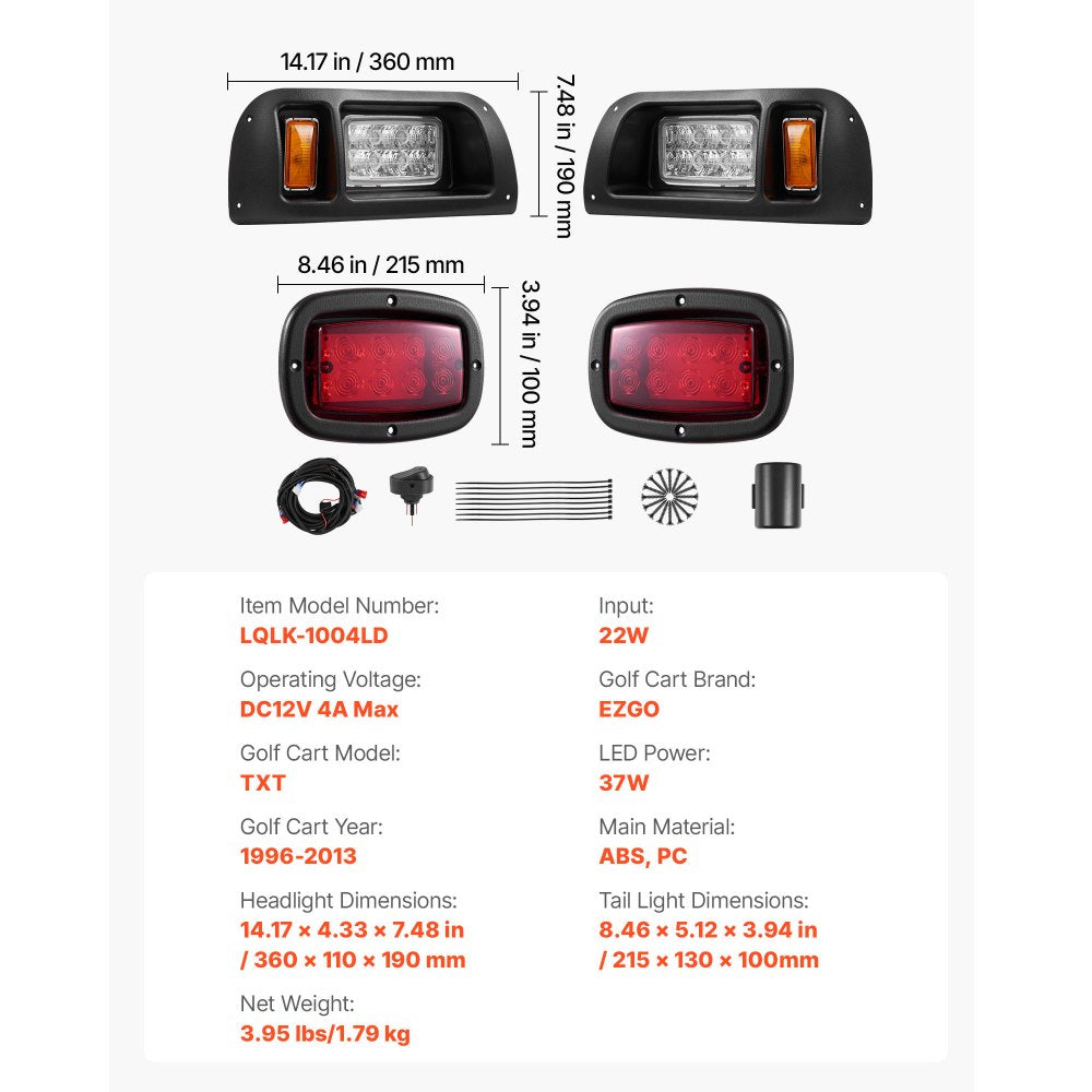 VEVOR Golf Cart Light Kit, 12 Volt, LED Headlight and Tail Light Kit with Wiring Harness, Switch, Zip Ties, ABS Housing, High-Brightness, Waterproof and Dustproof, Fit for EZGO TXT 1996-2013 Models
