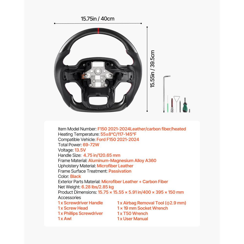 VEVOR Steering Wheel for 2021-2024 Ford F150, Carbon Fiber Steering Wheel D-Shaped Flat-Bottom with Heating Function, Leather Grip with Non-Slip Texture, Accessories Replacement for Ford F150, Black