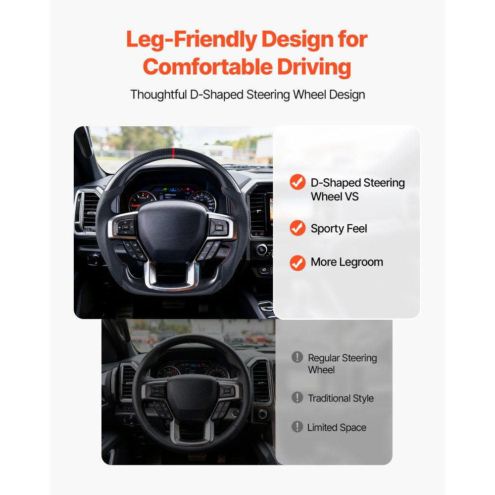 VEVOR Steering Wheel for 2021-2024 Ford F150, Carbon Fiber Steering Wheel D-Shaped Flat-Bottom, Leather Grip with Non-Slip Texture & Precise Stitching, Accessories Replacement for Ford F150, Black