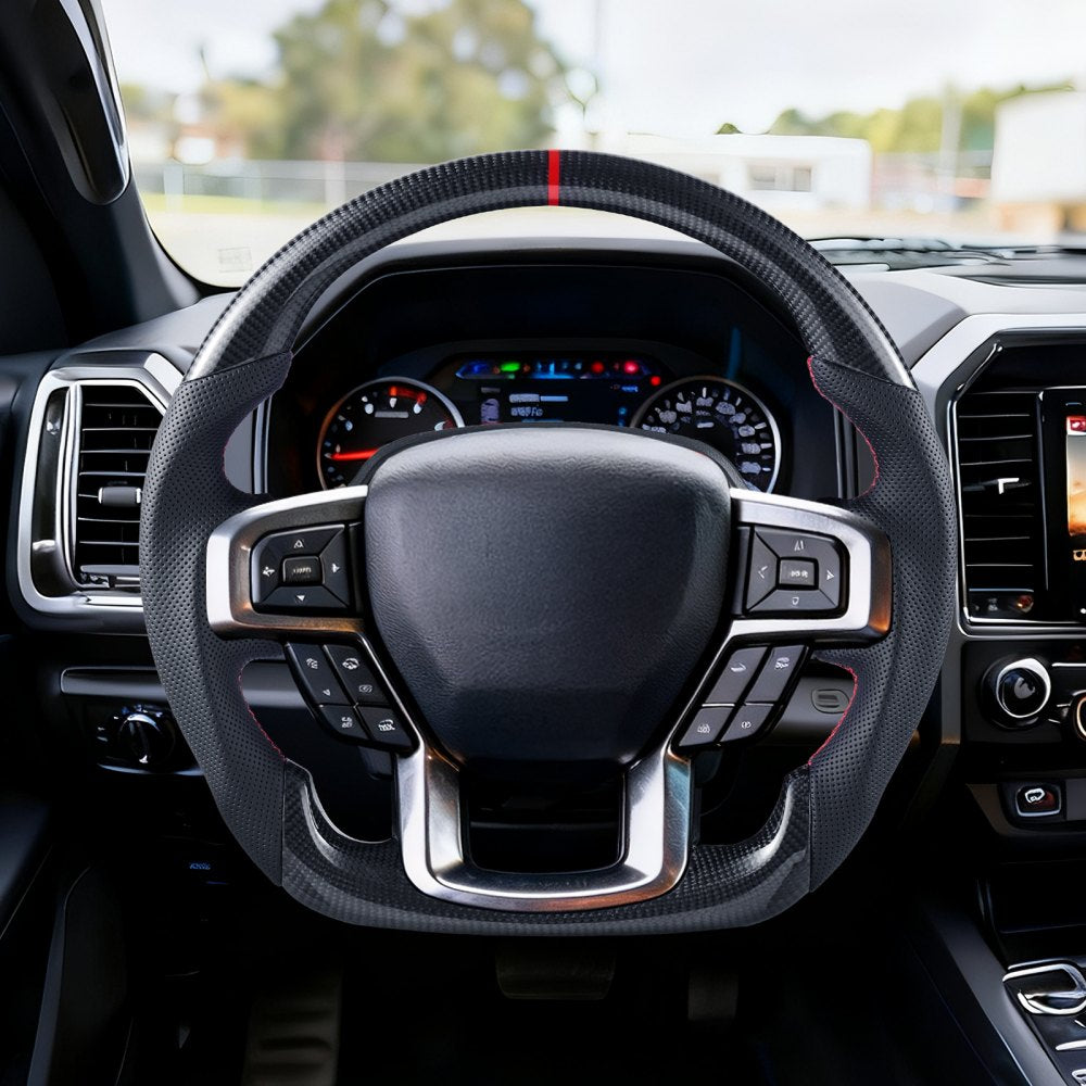 VEVOR Steering Wheel for 2021-2024 Ford F150, Carbon Fiber Steering Wheel D-Shaped Flat-Bottom, Leather Grip with Non-Slip Texture & Precise Stitching, Accessories Replacement for Ford F150, Black