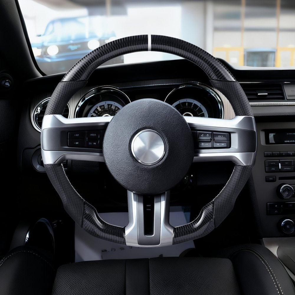 VEVOR Steering Wheel for 2010-2014 Ford Mustang, Carbon Fiber Steering Wheel D-Shaped Flat-Bottom, Leather Grip with Non-Slip Texture & Precise Stitching, Accessories Replacement for Mustang, Black