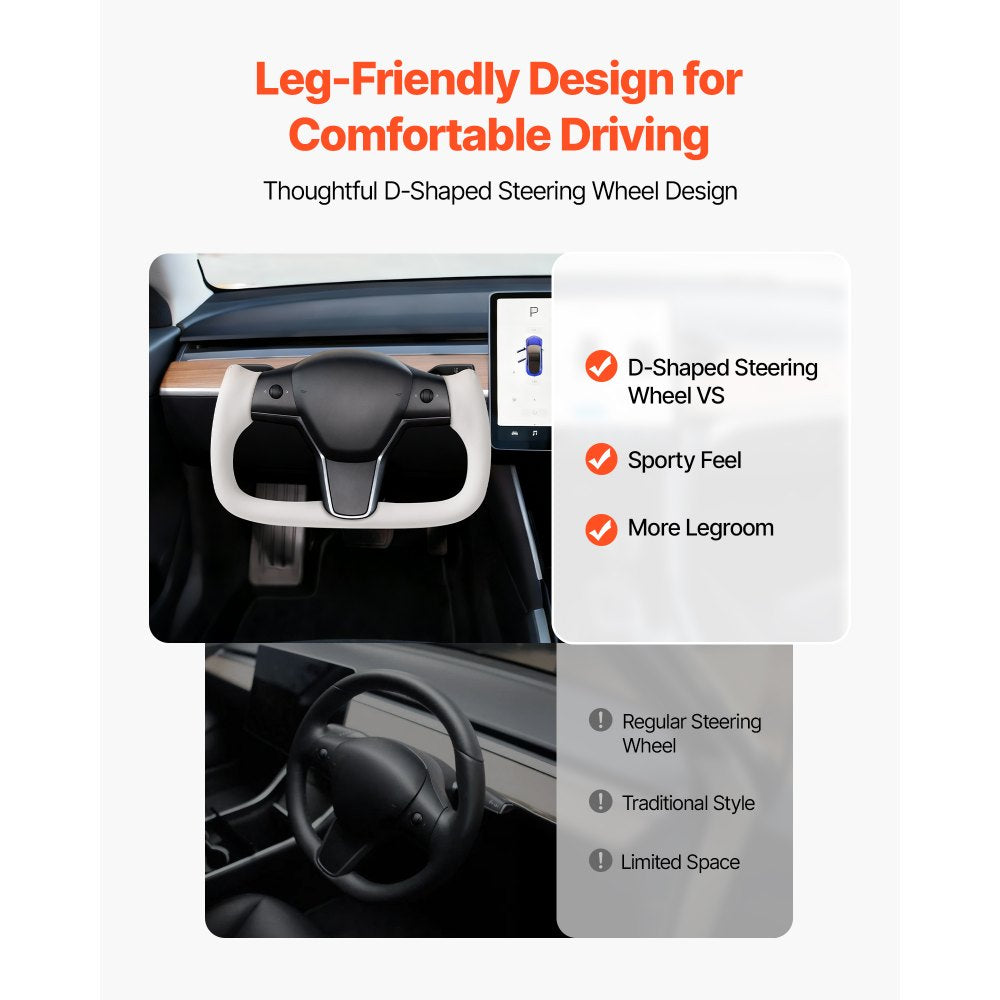 VEVOR Steering Wheel for 2016-2023 Tesla Model 3, Carbon Fiber Steering Wheel D-Shaped Flat-Bottom with Heating Function, Leather Grip with Non-Slip Texture, Accessories Replacement for Model 3, White