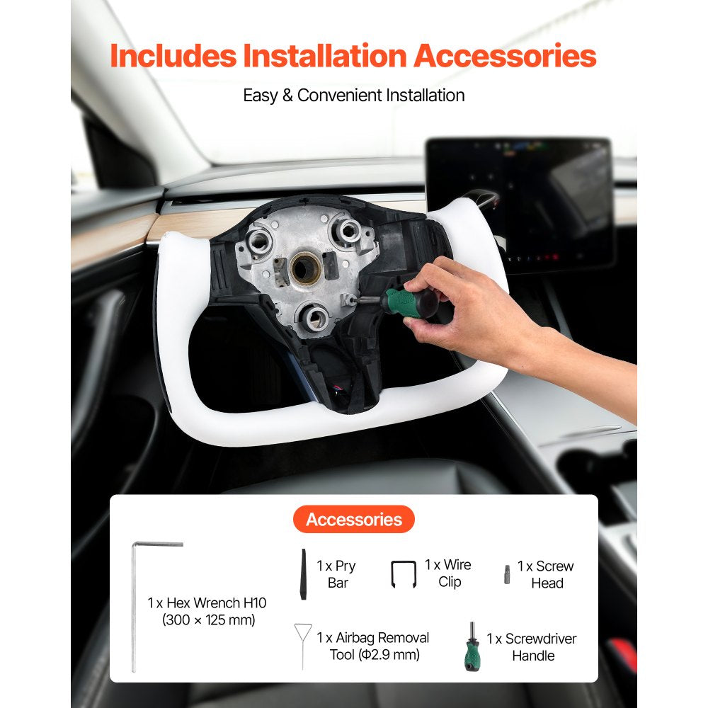 VEVOR Steering Wheel for 2016-2023 Tesla Model 3, Carbon Fiber Steering Wheel D-Shaped Flat-Bottom with Heating Function, Leather Grip with Non-Slip Texture, Accessories Replacement for Model 3, White