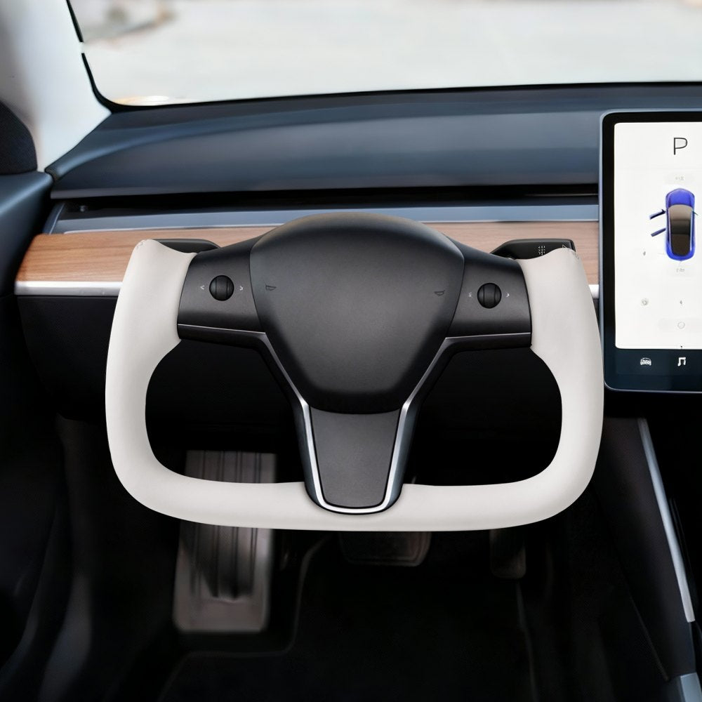VEVOR Steering Wheel for 2016-2023 Tesla Model 3, Carbon Fiber Steering Wheel D-Shaped Flat-Bottom with Heating Function, Leather Grip with Non-Slip Texture, Accessories Replacement for Model 3, White