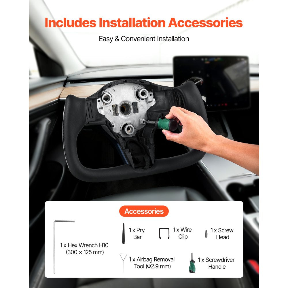 VEVOR Steering Wheel for 2016-2023 Tesla Model 3, Carbon Fiber Steering Wheel D-Shaped Flat-Bottom with Heating Function, Leather Grip with Non-Slip Texture, Accessories Replacement for Model 3, Black
