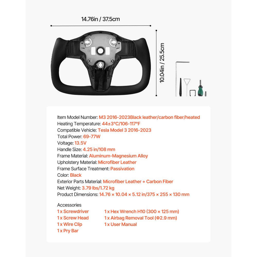 VEVOR Steering Wheel for 2016-2023 Tesla Model 3, Carbon Fiber Steering Wheel D-Shaped Flat-Bottom with Heating Function, Leather Grip with Non-Slip Texture, Accessories Replacement for Model 3, Black