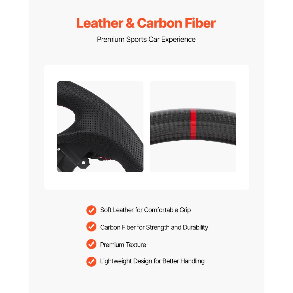 VEVOR Steering Wheel for 2007-2013 Infiniti G37, Carbon Fiber Steering Wheel D-Shaped Flat-Bottom, Leather Grip with Non-Slip Texture & Precise Stitching, Accessories Replacement for Infiniti, Black