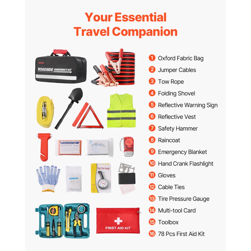 VEVOR Car Emergency Kit, 2-in-1 First Aid Kit with Jumper Cables, Essential Roadside Emergency Car Kits for Vehicle, Travel and Home, 31-Piece Auto Road Side Assistance Tools with Medical Aid Kits