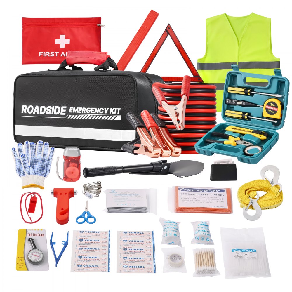 VEVOR Car Emergency Kit, 2-in-1 First Aid Kit with Jumper Cables, Essential Roadside Emergency Car Kits for Vehicle, Travel and Home, 31-Piece Auto Road Side Assistance Tools with Medical Aid Kits