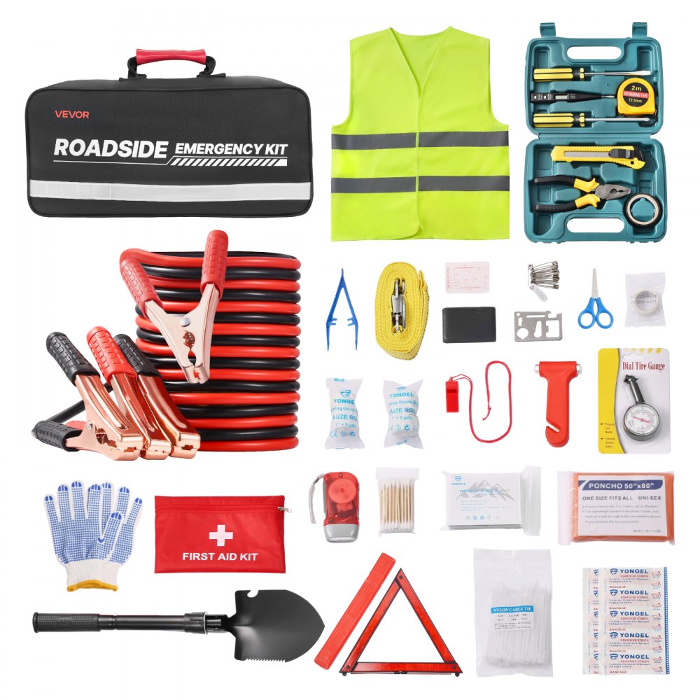 VEVOR Car Emergency Kit, 2-in-1 First Aid Kit with Jumper Cables, Essential Roadside Emergency Car Kits for Vehicle, Travel and Home, 31-Piece Auto Road Side Assistance Tools with Medical Aid Kits