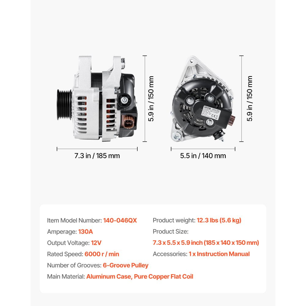 VEVOR Car Alternator 11032, Fit for Toyota Highlander V6 3.3L 2004-2007, Sienna 2004-2006, Lexus RX330 3.3L 2004-2006, Automotive Replacement Alternator 27060-0A100, 27060-0A130, AL3315X, 400-52140R