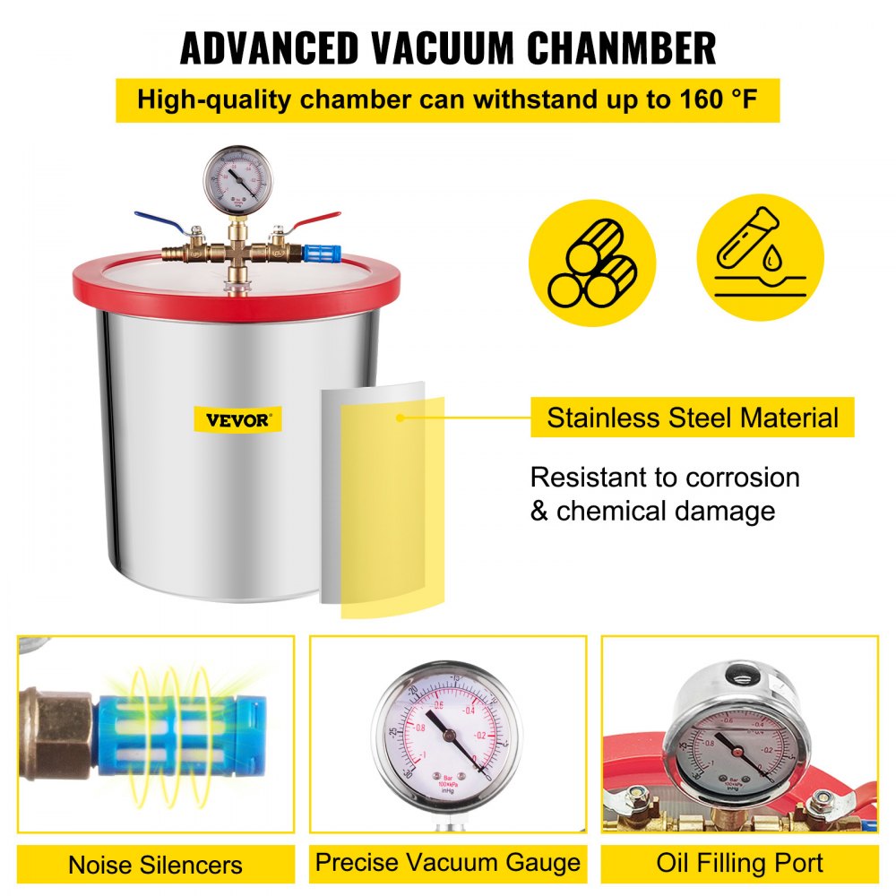 VEVOR 3 Gallon Vacuum Chamber Kit Stainless Steel Degassing Chamber 12L Vacuum Degassing Chamber Kit with 3.6 CFM 1 Stage Vacuum Pump HVAC