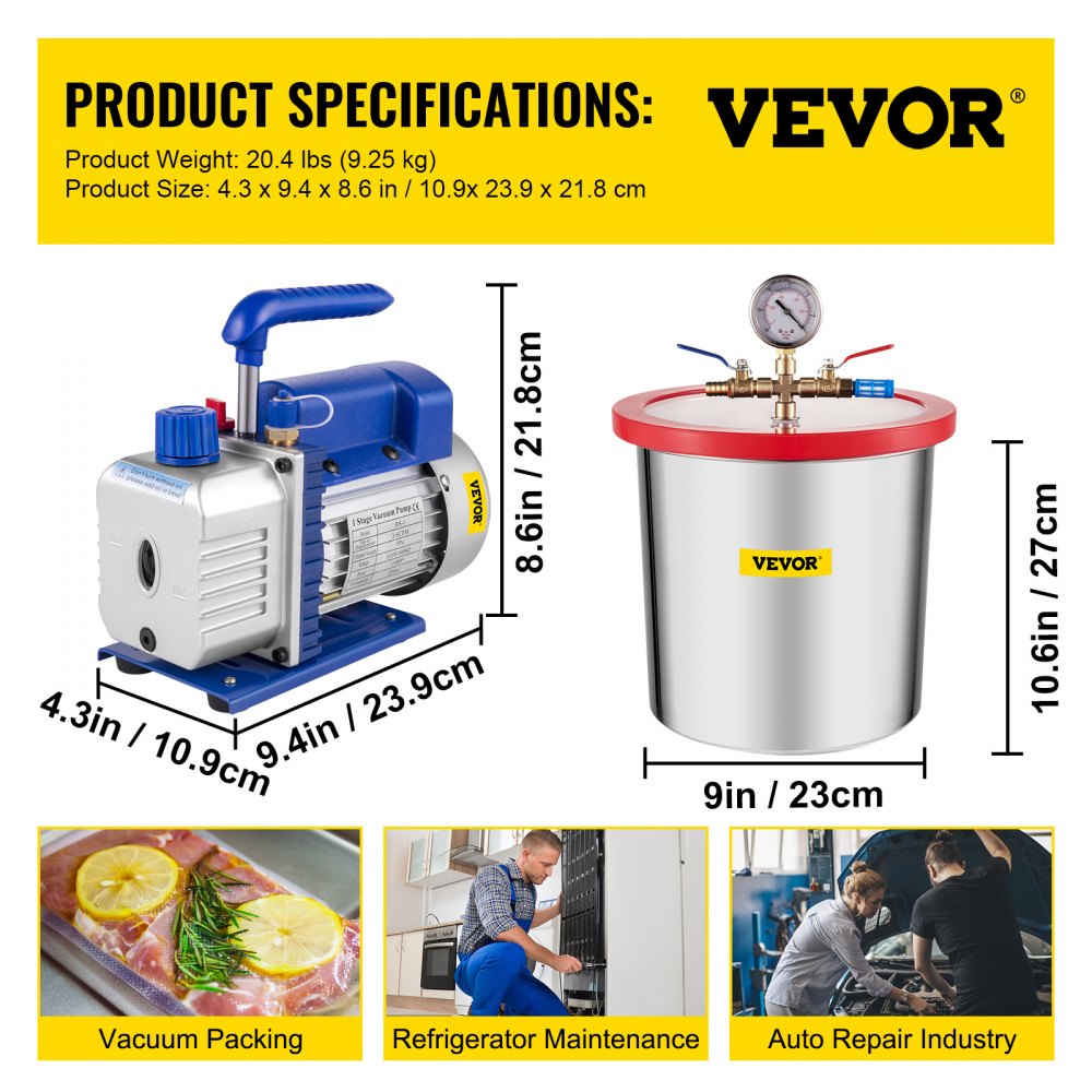 VEVOR 3 Gallon Vacuum Chamber Kit Stainless Steel Degassing Chamber 12L Vacuum Degassing Chamber Kit with 3.6 CFM 1 Stage Vacuum Pump HVAC