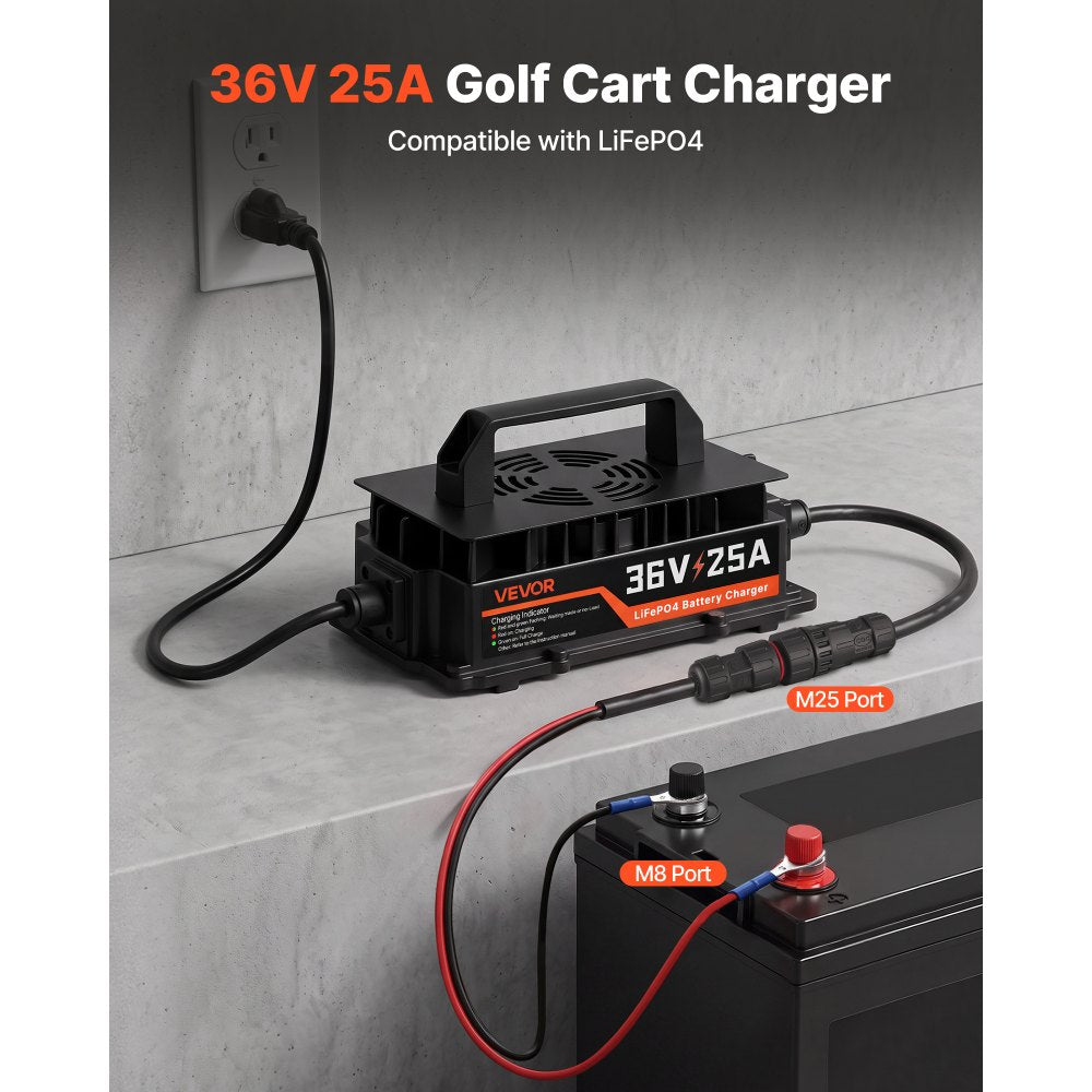 VEVOR Golf Cart Battery Charger 36V 25A Club Car EZGO Lithium Smart Charger, for LiFePO4 Battery, Aluminum Alloy Shell, Trickle Charging, LED Indicator, Cooling Fan, for Forklift, RV, IP67 Waterproof