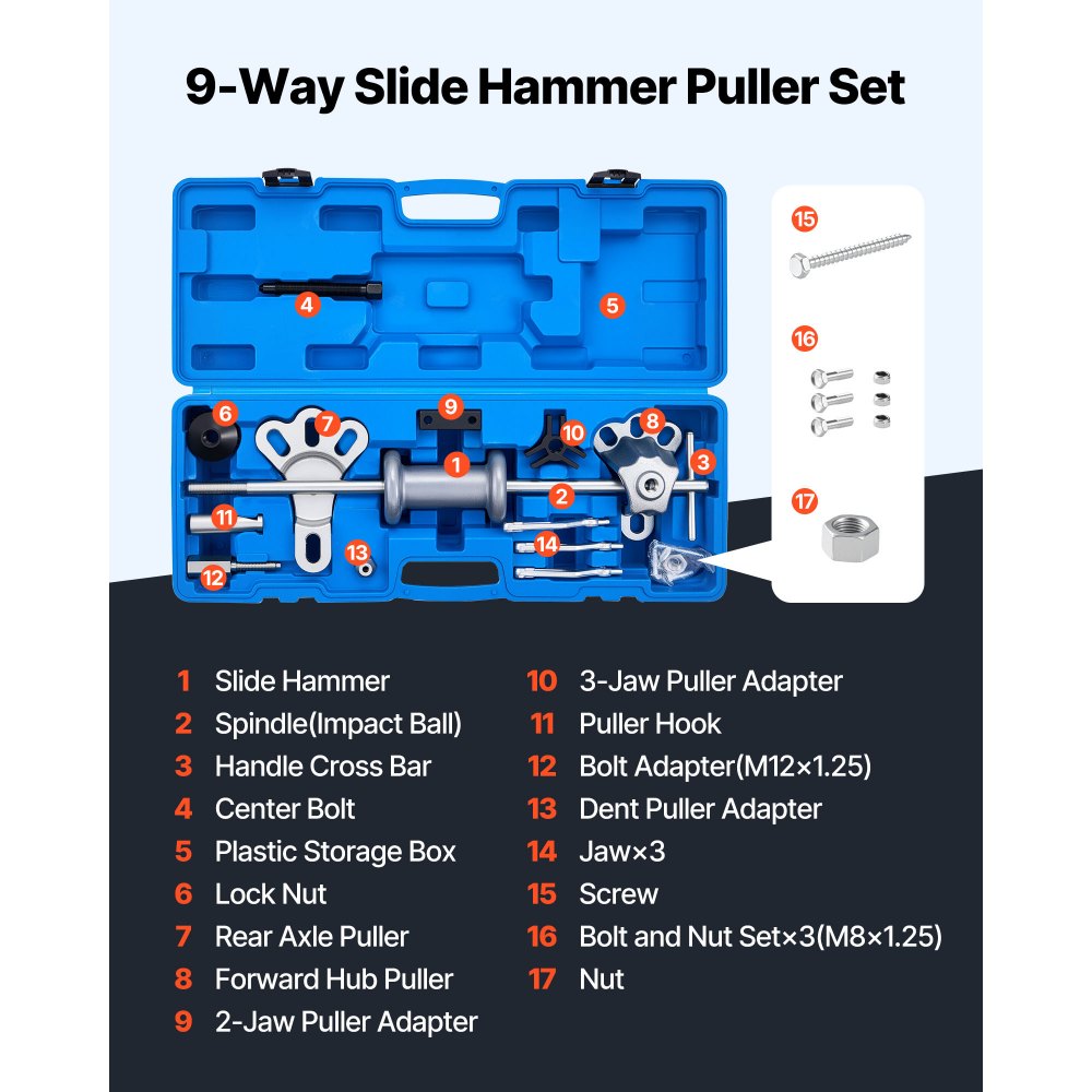 VEVOR 9-Way Slide Hammer Puller Set, 15PCS Front Wheel Hub Bearing Remover & Rear Wheel Axle Hub Dent Shaft Puller Tool Kit, Axle Bearing Puller Tool Kit and Slide Hammer Remover Set with Carry Box