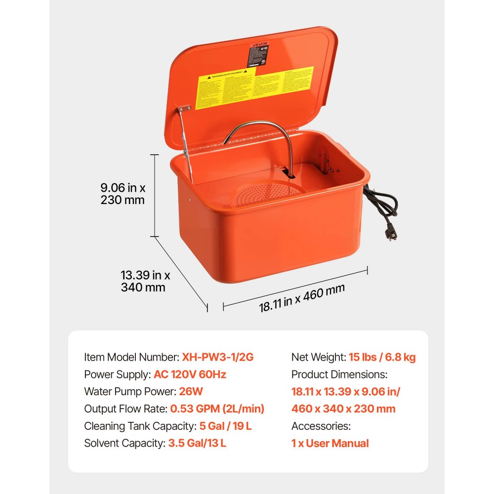 VEVOR Parts Washer 5-Gallon, 3.5 Gallon Solvent Capacity, 0.4 Gallon per Minute Max Pump Output, Portable Steel Automotive Parts Cleaner with Electric Pump for Wheel Bearings, Gears, and Carburetors