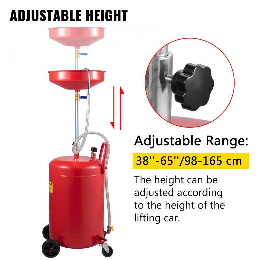 VEVOR Waste Oil Drain Tank 20 Gallon Portable Oil Drain Air Operated Drainer Oil Change, Oil Drain Container, Fluid Fuel Transfer Drainage Adjustable Funnel Height, with Wheel for Easy Oil Removal