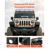 Front bumper features fog light housings, D-ring mounts, and winch mounting plate