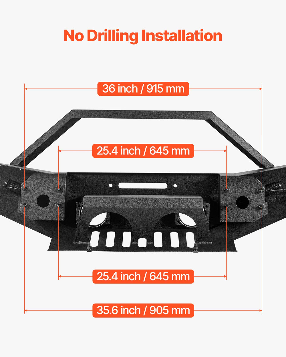 No drilling installation dimension diagram (winch plate and mounting width callouts)