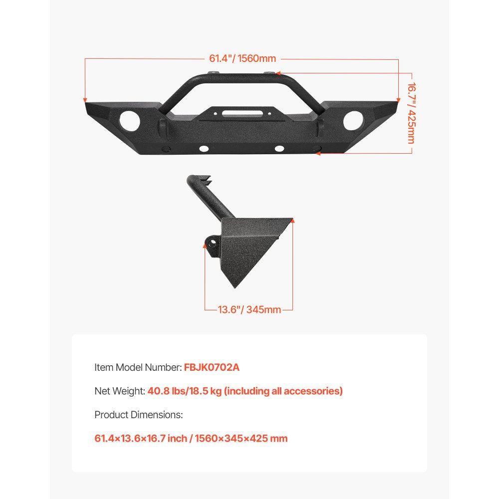 VEVOR Front Bumper Compatible with 2007-2018 Wrangler JK/JKU - with Winch Plate, D-Ring Mounts & Fog Light Housing, Heavy-Duty Steel Front Bumper with E-Coating